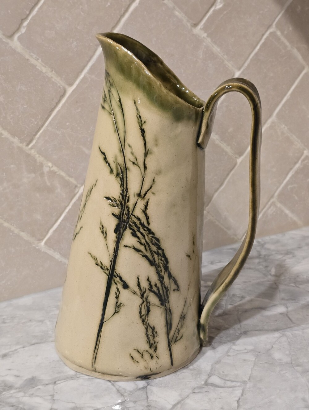Vintage Botanical Inprint Studio Art Pottery Pitcher Green Ceramic Vase Signed